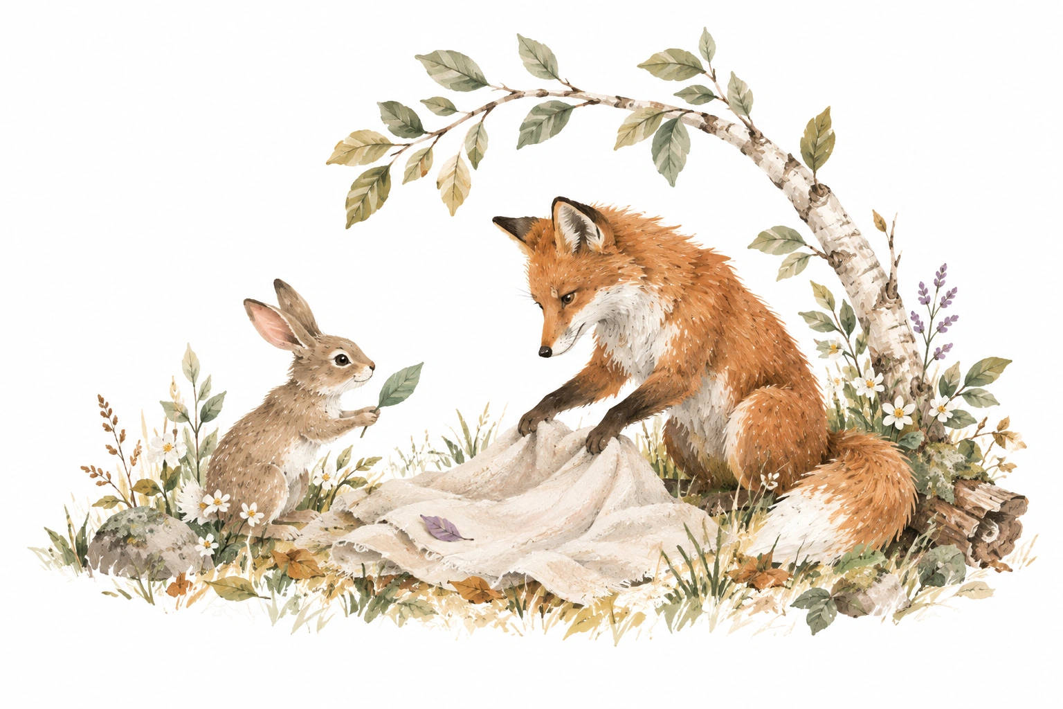 Ilustração do livro: uma raposa e um coelho preparam um pequeno ninho sob uma árvore