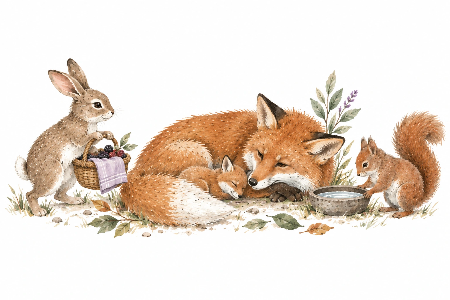 Ilustração do livro: uma raposa acolhe seu filhote enquanto o coelho e o esquilo trazem cuidado