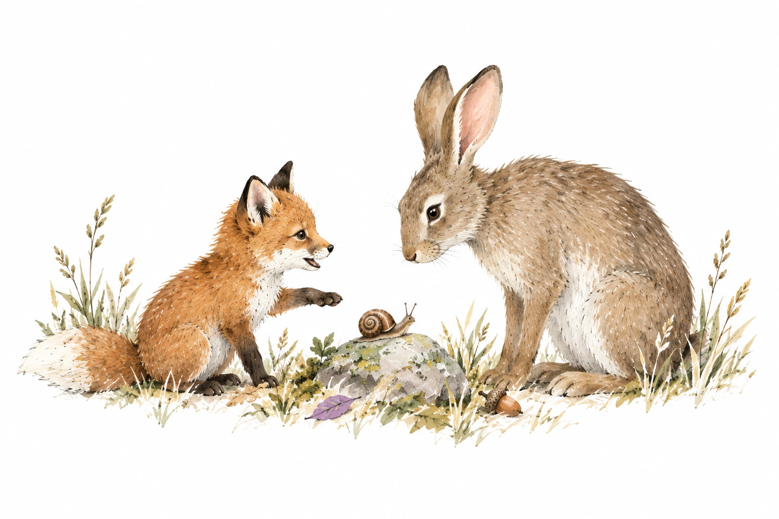 Ilustração do livro: uma pequena raposa conta uma descoberta ao coelho