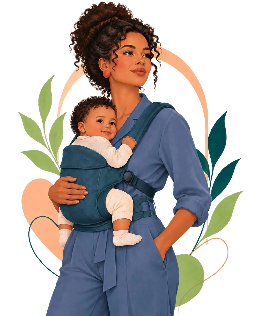 Ilustração de uma mulher sorrindo, carregando o bebê no canguru