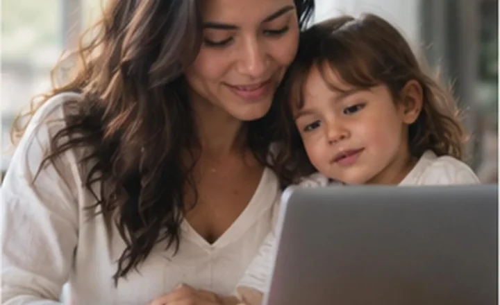 Mãe e filha pequena olhando juntas a tela do notebook