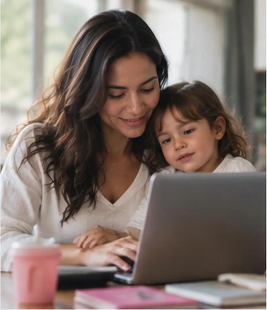 Mãe e filha pequena olhando juntas a tela do notebook