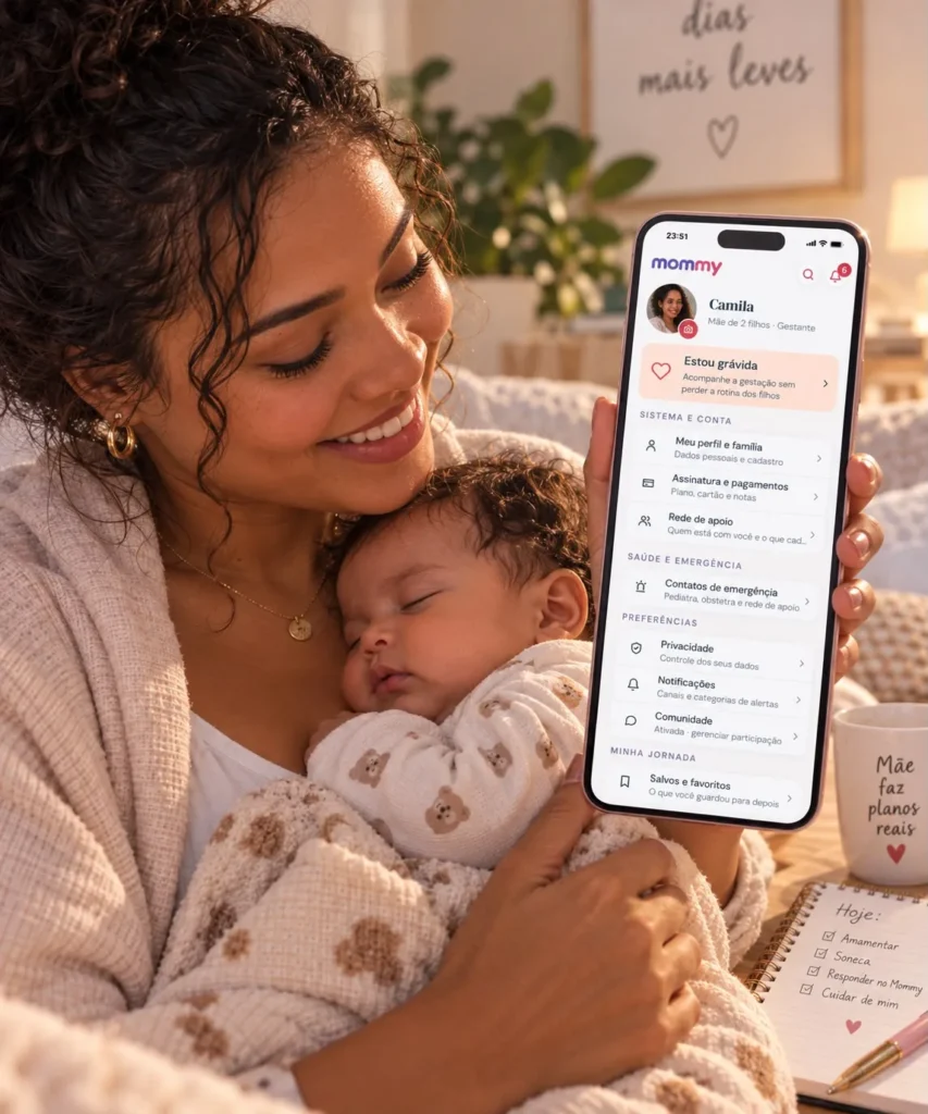 Mãe sorrindo com o recém-nascido dormindo no colo, mostrando o app Mommy no celular